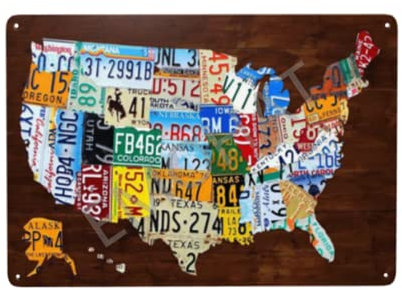 EMOHAT Nummernschild Karte der Vereinigten Staaten USA Metallschild Home Wohnzimmer Veranda Dekor Geschenke Wanddekoration Blechschild Schuppen Büro Handwerk Zimmer Wohnzimmer 30,5 x 20,3 cm
