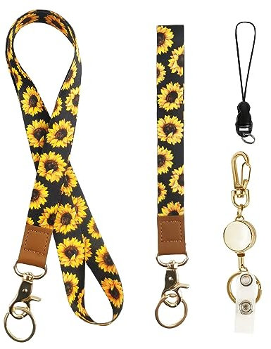 Cordon tour de cou + dragonne + porte-clés rétractable pour porte-badge, tournesol, Medium