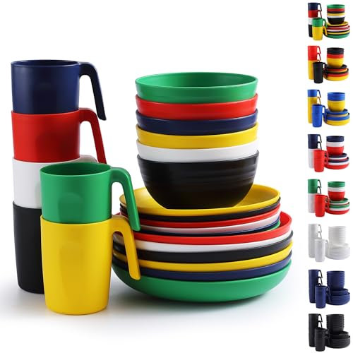 Berglander vaisselle en plastique 24pcs pour 6, Assiettes et bols réutilisables comprenant des assiettes à dîner, assiette à dessert, bols de céréales, tasses pour la maison, jardin, pique-, camping