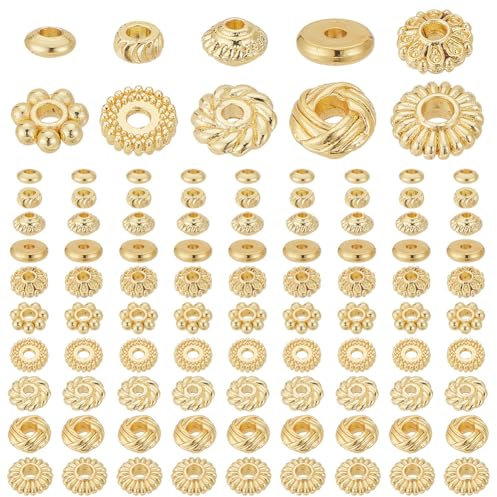 PH PandaHall 100 Stück 18 Karat Gold Abstandsperlen 10 Stile Metallperlen Flache Runde Blumen Rondelle Perlen Lose Perlen Für Mehrschichtige Armbänder Halsketten Ohrringe Satelliten Schmuckherstellung