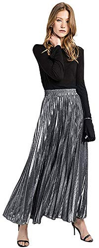 MilyaDE Damen Lang A-Linie Plisseerock Maxi Faltenrock Blingbling, Silber XXL