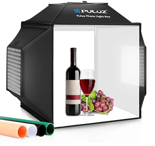 Light Box, PULUZ 16x16 Studio Light Box with 480pcs LEDs Lights 4 Color PVC Photography backdrops Shooting Tent for Jewelry and Product Portable Lightbox Picture Box for Photography (Upgrade)