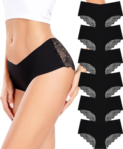 ALTHEANRAY Unterhosen Damen Sexy Unterwäsche Frauen Nahtlose Slips Seamless V Taille Spitzen Hipster Unterhosen Mehrpack 6er Pack XS-XL(836XL-Black)