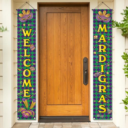 Mardi Gras Türdekorationen, 2 Stück, Karnevals-Hängebanner, Veranda, Schilder, Willkommen, Mardi Gras, Aufhänger, für Innen- und Außenbereich, Wandfenster, Papierornamente, Partyzubehör, Zubehör für