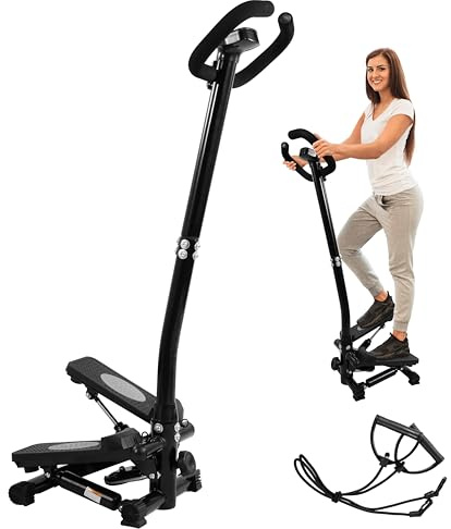 Signature Fitness Mini escalonadores para ejercicio con manillar, escalera con bandas de resistencia, paso portátil capaz de ejercicio de cuerpo completo, bajo ruido y suave, soporta 300 libras