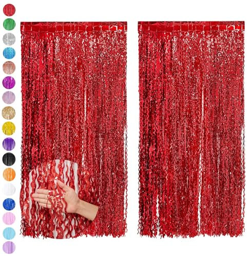 2pcs 3.2ft x 6.5ft Red Foil Curtain Decorations,Christmas Tinsel Curtain Party Backdrop Glitter,Red Laser Foil Fringe Streamers Metallic Tinsel Door Hanging Foil Flow Silk Streamers for Holiday Party