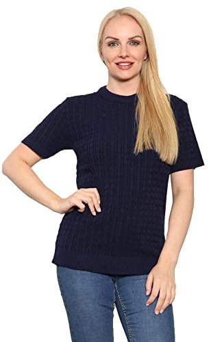 WearAll Women's Short Sleeve Chunky Cable Knitted Jumper - Ladies Oversized Crew Neck Loose Sweater Top Plus Size 16-18 Navy