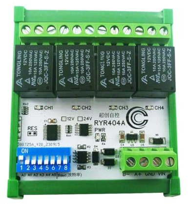 RS485 DO Relaismodul RYR404A Modbus RTU,4 Kanäle DC 12V 24VModbus RTU RS485 DO-Relaismodul DIP-Schalter-Einstellungsparameter mit DIN-Box UART-Switch-Board mit Seriellem Port (24V With DIN BOX)