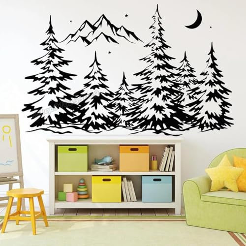 SHELOG Bergwald Landschaft Wandtattoo Kiefer Berg mit Baum Wandaufkleber Mond Sterne Aufkleber Junge Mädchen Zimmer Spielzimmer Kunstdekoration