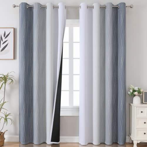 VEHEDE Farbverlauf Ombre Grau Weiß Ösenvorhang Gardinen Fenster Thermovorhang gegen Kälte Übergardinen 2er Set Vorhänge Schlafzimmer mit Ösen, Verdunklungsvorhänge Wohnzimmer, H 244 x B 132 cm