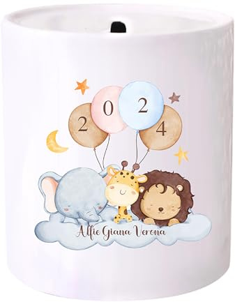 Personalised Baby Money Box Ceramic Custom Keepsake Unisex Jungle Design, Baby Girl Boy Gift First Birthday My 1st Money Box Birth Details Front and Back