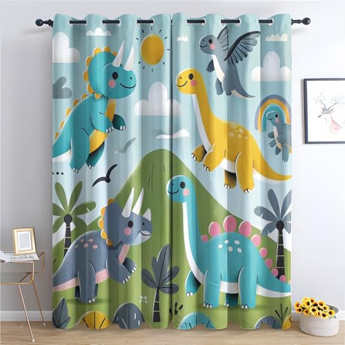 Kinder Dinosaurier Vorhang, Blauer Dino Gardinen,2er Set Verdunkelungsvorhang, Dinosaurier Vorhänge, Wohnzimmer Kinderzimmer Schlafzimmer Thermovorhang Schallschutz Blickdichte vorhänge, 137x117 cm
