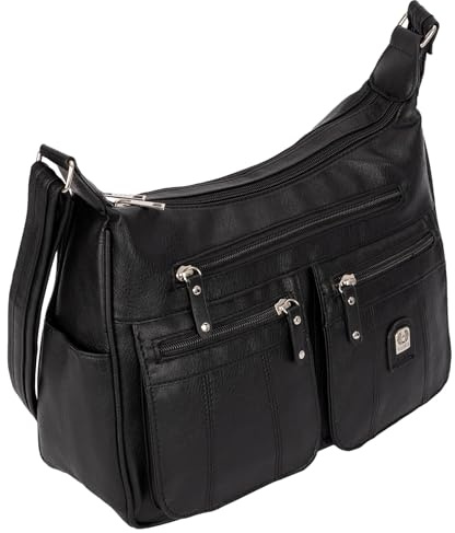 EAAKIE Damen Tasche, Schultertasche, Handtasche, Umhängetasche mit Leder Optik und vielen Fächern (BLACK)