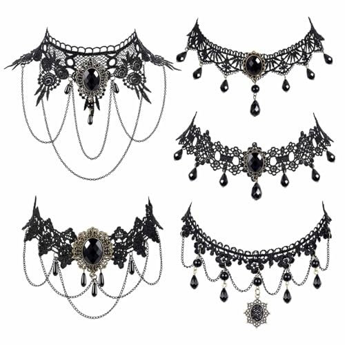 CASSIECA 5Pcs Halloween Schmuck Damen Halloween Accessoires Damen Gothic Schwarz Spitze Halskette Cosplay Halloween Dekorationen Steampunk Vintage Vampir Kostüm Zubehör Maskerade