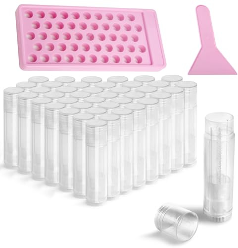 Lip Balm Tubes Kit with Tray and Scraper - 50 Pack 5.5ml (3/16 Oz) BPA-Free Chapstick Containers, Leak-Free Empty Lipstick Tubes for DIY Lip Balm Filling Making Kits (Clear, 50-Pack)