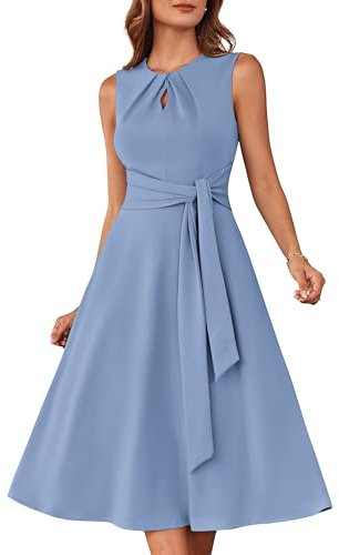GRACE KARIN Ärmelloses Midikleid für Damen elastisches Rundhalskleid Plissiertes Cut-Out mit Gürteltaschen Blaugrau 2XL
