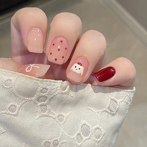 Ceboic 24 Pièces Court Carré Faux Ongles Français Rose Nude Ongles à Coller Glossy Press on Nails avec Chien Mignon Dessin Acrylique Réutilisables Ongles Artificiels pour Femmes et Filles