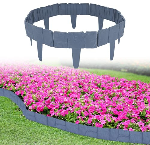 Rasenkante Kunstoff in Steinoptik Beeteinfassung 2,5m Grau Beetumrandung Mähkante Garten Rasenkante Pflanze Bordüre für Rasen Blumenbeet, L 25 x H 23 cm (Grau, 10 Stücke - 2,5m)