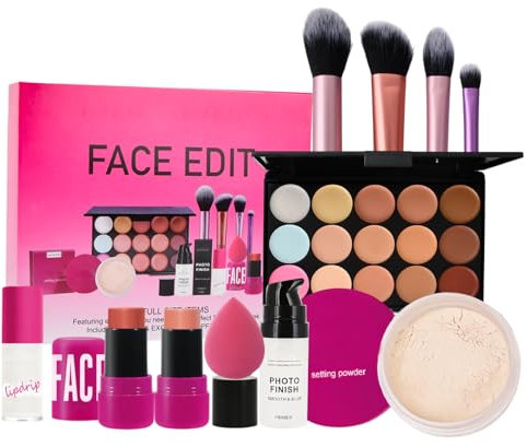 Alles in Einem Make up Set, 15 Farben Concealer Palette mit Face Stick Powder Primer Lip Oil Puff Oval Pinsel, 11Pcs Gesicht Komplettes Schminke Kosmetik Set Kit für Teenager Mädchen Frauen