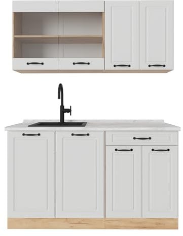 Vicco Singleküche R-Line, Weiß Landhaus/Goldkraft Eiche, 140 cm, AP Marmor