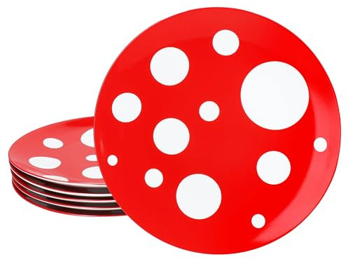 MamboCat Pula - Lot de 6 assiettes plates - Rouge - Diamètre : 27 cm - En porcelaine - Avec pois - Pour 6 personnes - Grandes assiettes pour repas principaux, barbecue, etc