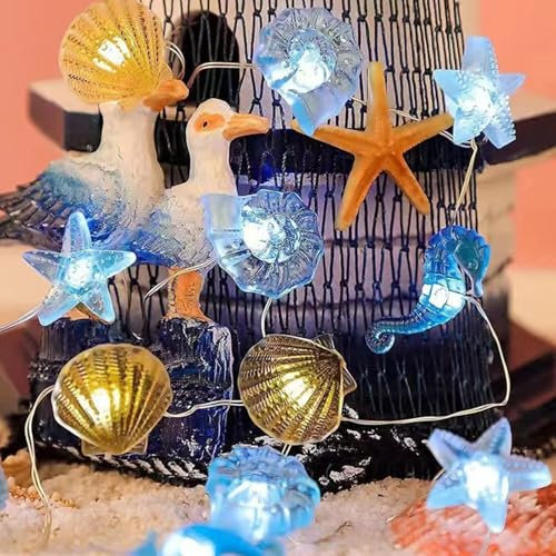 ENLACE Lichterkette Meerestiere, 2M 20 LED Seepferdchen Seestern Wellhornschnecken Muschel Lichterkette, Lichterkette zum Thema Meeresleben, Maritime Lichterkette für Kinderzimmer Hochzeit Party Deko