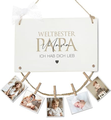 Papa Geschenk Geburtstag Geburtstagsgeschenk Vater Holzschild mit Namen Fotogeschenk Fotoseil Klammern personalisierte Geschenke Vatertag Geburtstag Weihnachten (Papa)