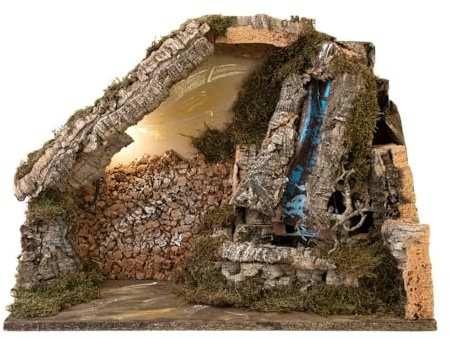 Moranduzzo Weihnachtskrippe 50 x 26 x 33 cm mit Wasserfall, Licht und Pumpe – ideal für Figuren mit einer Höhe von 10 bis 12 cm – handgefertigt – Made in Italy (leer)