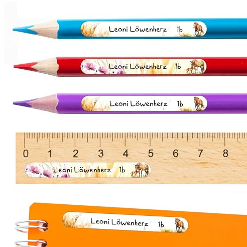 TOBJA Namensaufkleber Kinder Schule personalisiert | 34-36 wasserfeste Sticker mit Namen für Hefte & Kita | Permanent haftend | Süße Designs für Mädchen & Jungen (Pferd Stifte)