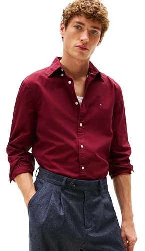 Tommy Hilfiger Long Sleeve Poplin Regular Fit, Men's Button Down Shirts, Also Available in Big and Tall, Deep Rouge, XL