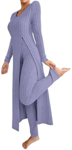 Generisch Combinaison 2 pièces pour femme - Combinaison en tricot à manches longues - Haut et leggings côtelés - Ensemble 2 pièces - Tenue d'été 2 pièces - Pour femme, Violet, 3XL
