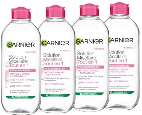GARNIER Skin Active - Solution Micellaire Tout-En-1 - Nettoie, Démaquille & Hydrate - Micelles & Glycérine Hydrantante - Sans Parfum - Visage, Yeux, Lèvres - Peaux Sèches & Sensibles - 400 ml