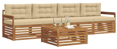 vidaXL Outdoor-Sofagarnitur mit Kissen 5 pcs Natur und Beige, Gartenlounge, modernes Outdoor-Sofa, Sitzmöbel für die Terrasse, langlebige Komfort-Einheit