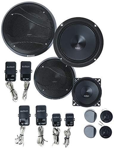 Audison APK 163 – Sistema di altoparlanti a tre vie con tweeter da 26 mm, woofer da 165 mm e midrange da 100 mm, con crossover e griglie incluse, 375W