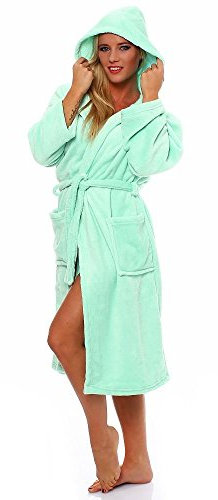 L.E.M.B. Hometrends Herren Damen Bademantel Kingston Microfaser Morgenmantel mit Kapuze mint L