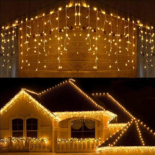 BrizLabs 240 LED Weihnachtsbeleuchtung Außen Eisregen Lichterkette Warmweiß Lichtervorhang Weihnachten Deko Beleuchtung 8 Modi Innen Eiszapfen Lichterkettenvorhang für Party, Hochzeit, Garten