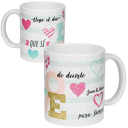 Lote de 6 Tazas de Porcelana Decorativas para Bodas Personalizables Letras y Corazones. Recuerdos. Regalos Originales. Detalles de Bodas, Comuniones, Bautizos, Cumpleaños. CC