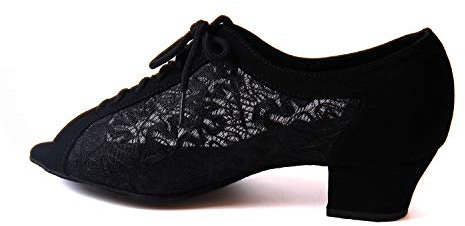 Jywmsc Women Latin Salsa Low Heel Practice Dance Shoes Rumba Chacha Floral Mesh Ballroom Pumps, Black, 6.5 UK