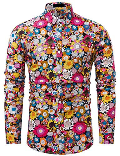 fohemr Mens Floral Shirt Casual Button Down Long Sleeve Flower Printed Shirt 100% Cotton Pink Floral Print Medium