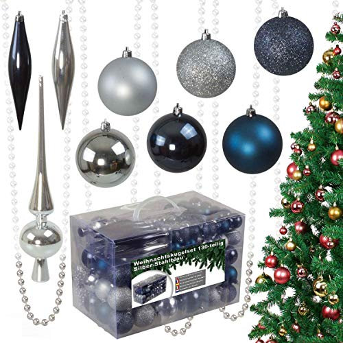 130-teiliges Weihnachtskugeln Set aus Kunststoff - Christbaumschmuck Baumschmuck in Glänzend Glitzernd Matt, Silber/stahlblau