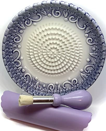 BonCera, All-in-one 4pcs Prime Ceramic Garlic Grater Set - HandMade, Purple Emboss Design Grater Plate w/Garlic Peeler, Gathering Brush, Display Stand, It's also grating Turmeric, Ginger, and more,