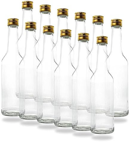 12 Kleine Glasflaschen 350ml (0,35l) mit PP28 Schraubverschluss Gold – Leere, kleine Flaschen zum Befüllen, z.B. Leere Weinflaschen, kleine Schnapsflaschen, Likörflaschen 350 ml