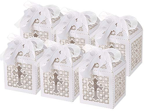 LEMESO 50 Cajas de Papel para Dulces Recuerdos de Fiestas Boda Cajitas Blancas de Cruz Hueco para Bautizo Baby shower Decoración de Boda con 50 Cintas de Seda y 50 Etiquetas