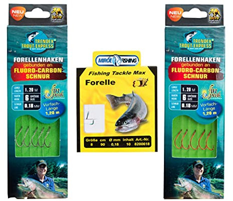 MiRoeFishing Angelhaken Set TroutCatcher mit scharfen Haken an Fluoro-Carbon Schnur + Forellenhaken zum Forellen Angeln.