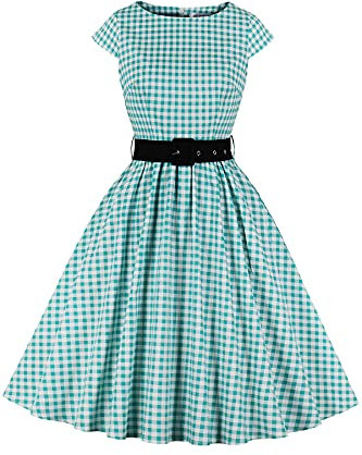 AXOE Femme Robe Vintage Années 50 Tissu Coton Respirant Coupe A-Line Ceinture Amovible Col Bateau Blanche à Carreaux Vert, Taille 44, XL
