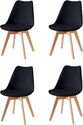 Baroni Home ESS- oder Bürostuhl mit Holzbeinen aus Buche, Ergonomischer Kunststoffstuhl mit integrierten Kissen, 50X48X82 cm (Schwarz, 4)