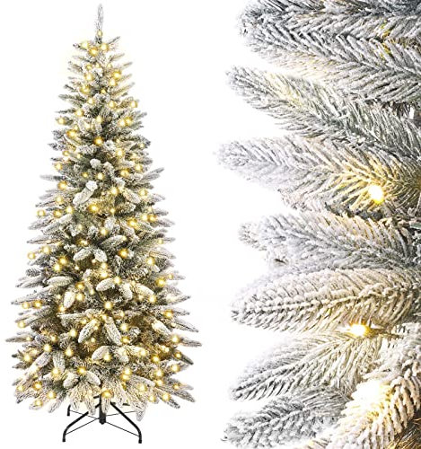 Yorbay Künstlicher Weihnachtsbaum Slim mit Beleuchtung und Schnee Bleistift Tannenbaum für Weihnachten Dekoration, Metallständer, Schmal, Weiß (180cm)