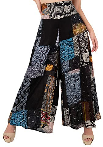 Lofbaz Damen Patchwork Breites Bein Palazzo Hose Yoga Lounge Hippie Harem Fließende Hose Junioren Damen Reisen Vertuschen Beachwear Patchwork Schwarz 3XL