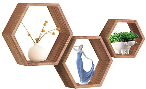 Schwebende sechseckige Regale, Wabenregale, wandmontiertes Sechskant-Regal, rustikales Holz, achteckig, hängende Lagerregale, Set mit 3 Stück, Büro, sechseckige Dekoration (karbonisiertes Schwarz)