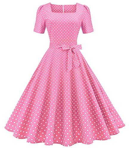 Robe Vintage Années 50 Pin Up Femme Annee 50 60 Style Champetre Évasée Tenue Audrey Hepburn Rockabilly Manche Courte Guinguette à Pois D'été Mariage Cocktail Robe de Soirée Grande Taille A#Rose L